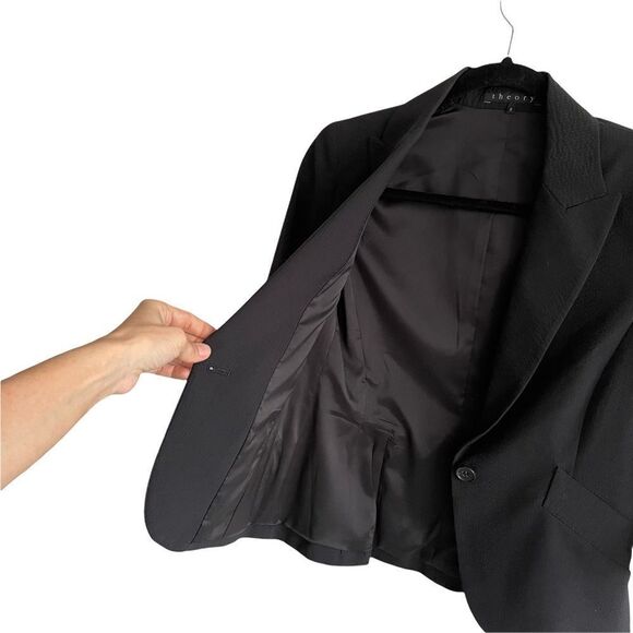 Theory Wool Stretch Cropped Boyfriend Blazer Black Pinstripe 2 - Picture 3 of 12